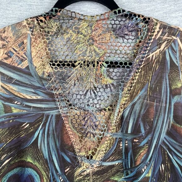 Patchington Womens Blouse Medium 3/4 Sleeve Peacock Feather Crochet Sparkle Boho - Picture 4 of 8